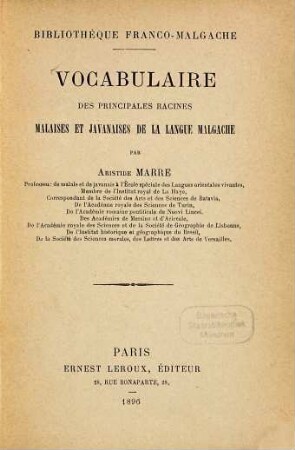 Vocabulaire des principales racines Malaises et Javanaises de la langue Malgache : Bibliothèque Franco-Malgache