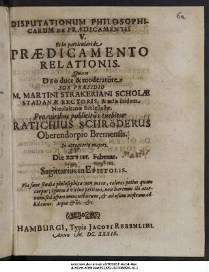 Disputationum Philosophicarum De Praedicamentis V. Et in particularide Praedicamento Relationis