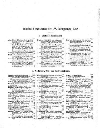 Inhalts-Verzeichnis des 38. Jahrgangs, 1918.