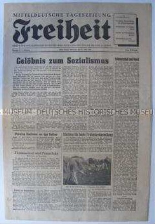 Tageszeitung der SED für die Provinz Sachsen "Freiheit" u.a. zum Vereinigungspartei von KPD und SPD in Mecklenburg