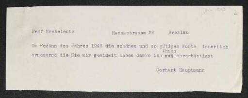 Brief von Gerhart Hauptmann an Wilhelm Ercklentz