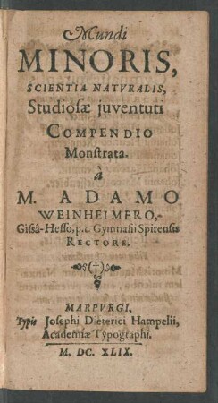 Mundi Minoris, Scientia Naturalis, Studiosae iuventuti Compendio Monstrata.