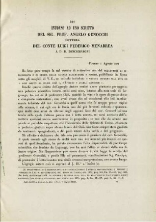 Intorno ad uno scritto del Sig. Prof. Angelo Genocchi. Lettera del Conte Luigi Federigo Menabrea.