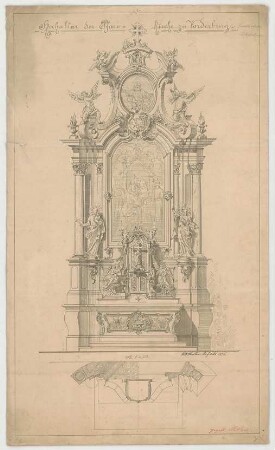 Müller, Josef Anton; Vorderburg bei Sonthofen; Pfarrkirche - Hochaltar (Grundriss m. Schnitt, Ansicht)