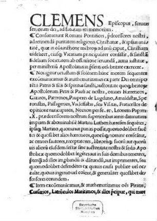 Bulla Clementis VII. lecta in Cena Domini anno M.D.XXIX. que multo gravius quam antea damnat, ferit, fulminat