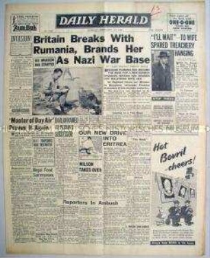 Britische Tageszeitung "Daily Herald" u.a. zur Aufnahme der Kriegshandlungen gegen Rumänien und über australische Truppen in Abessinien
