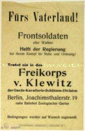Aufruf zum Eintritt in das Freikorps von Klewitz der Garde-Kavallerie-Schützen-Division