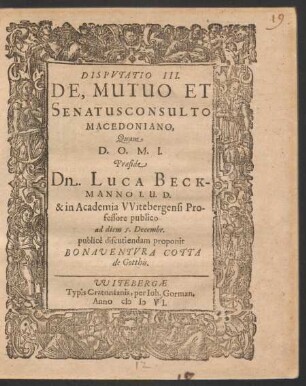 Disputatio III. De, Mutuo Et Senatusconsulto Macedoniano