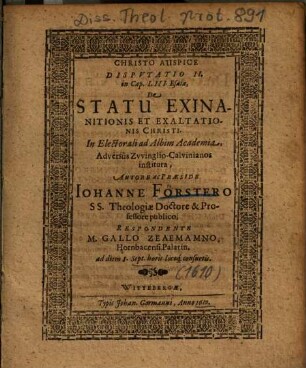 De Statu Exinanitionis Et Exaltationis Christi