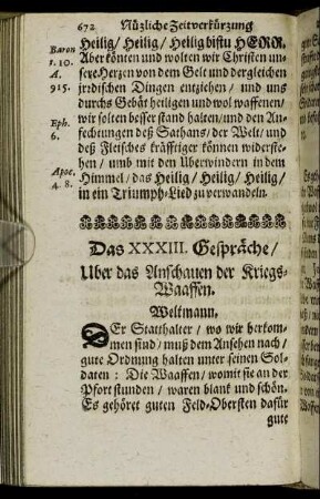 Das XXXIII. Gespräche/ Uber das Anschauen der Kriegs-Waaffen.