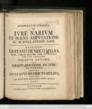 Dissertatio Ivridica De Ivre Narivm Et Poena Ampvtationis Ac Scapellationis Nasi