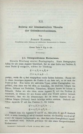 XII. Beitrag zur kinematischen Theorie der Gelenkmechanismen.