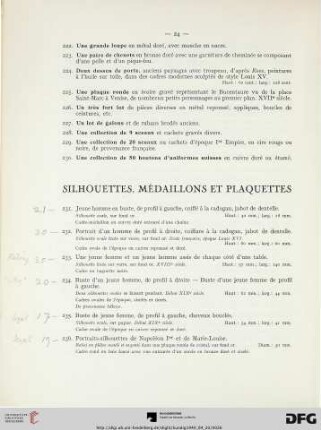 Silhouettes, Médaillons Et Plaquettes