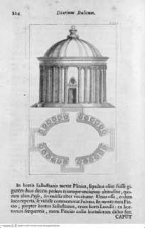 Diarium Italicum: ..., Seite 224: Tempel, Ansicht und Grundriss, in den Hortis Sallustianis