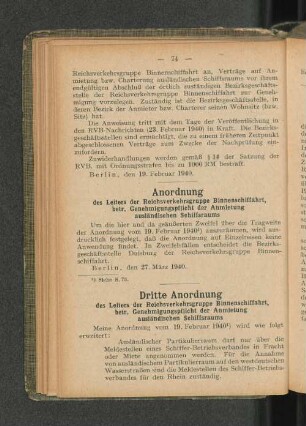 Anordnung des Leiters der Reichsverkehrsgruppe Binnenschiffahrt, betr. Genehmigungspflicht der Anmietung ausländischen Schiffsraums