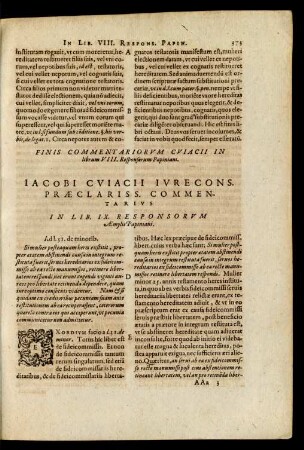 Iacobi Cuiacii ... Commentarius In Lib. IX. Responsorum Aemylii Papiniani.