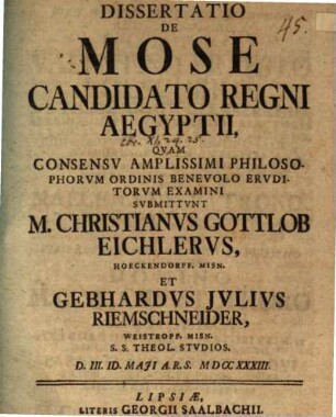 Dissertatio De Mose Candidato Regni Aegyptii