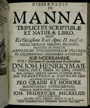 Dissertatio De Manna Triplici Ex Scripturæ Et Naturæ Libro
