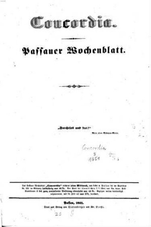 Concordia : Passauer Wochenblatt. 1851