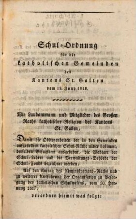 Schulordnung für die katholischen Gemeinden des Kantons St. Gallen : Vom 18. Juny 1818