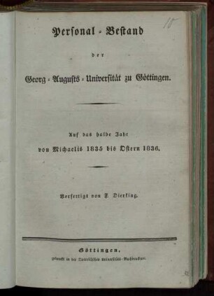 WS 1835/36: Personal-Bestand der Georg-Augusts-Universität zu Göttingen