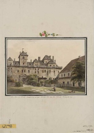 Ansicht des hinteren Teils von Schloss Augustusburg, Handzeichnung, 1792 : Ein Theil des Schlosses Augustusburg aus dem hintersten Hofe bey dem Amtshause / Klinsky ad Nat del. - [S.l.] , 1792. - 1 Kunstbl. : kolor. Handzeichng. ; 31 x 22 cm