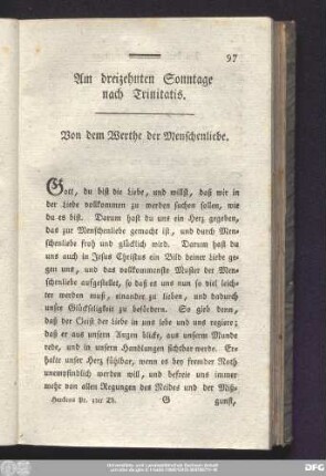 Am dreizehnten Sonntage nach Trinitatis. Von dem Werthe der Menschenliebe.