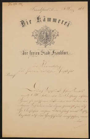 Briefwechsel zwischen Otto Volger / Freies Deutsches Hochstift einerseits und der Stadt Frankfurt am Main / Kanzleirat Müller 1866-1871