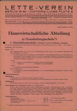 Prospekt der Hauswirtschaftlichen Berufsfachschule im Lette-Verein