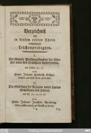 Verzeichniß der in diesem eilften Theile enthaltenen Leichenpredigten.