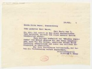 Brief an Fritz Meyer : 14.07.1914