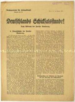 Flugschrift der Reichszentrale für Heimatdienst zur Pariser Konferenz 1923 über die Reparationszahlungen Deutschlands