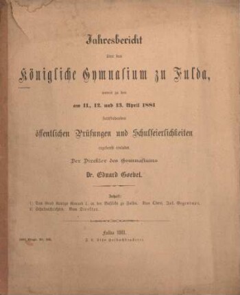 1881: Jahresbericht über das Königliche Gymnasium zu Fulda