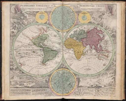 Planiglobii Terrestris Cum Utroque Hemisphærio Cælesti Generalis Exhibitio : Quam ex novissimis probatissimisque recentium Geographorum scriptis concinnatam multisque phænomenis illustratam ; Cum Privilegio Sac. Caes. Majestatis