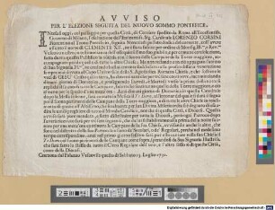 Avviso Per L'Elezione Seguita Del Nuovo Sommo Pontefice : Cremona dal Palazzo Vescovile questro dí Sabbato 15. Luglio 1730.