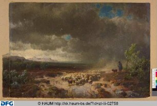 Hirte mit Hund und Schafherde in einer kargen Landschaft