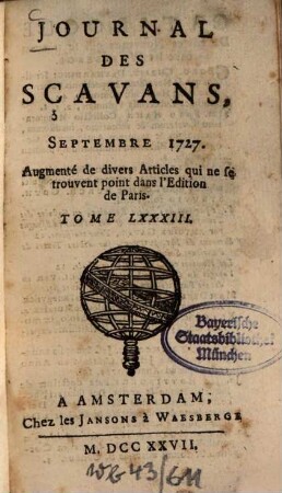 Journal des sçavans. 1727, [3]. Sept. - Déc. = T. 83