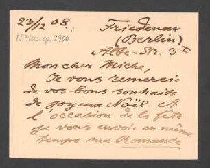 Briefkarte an Paul Miche : 23.12.1908