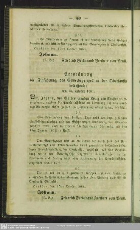 Verordnung, die Einführung des Gewerbegesetzes in der Oberlausitz betreffend