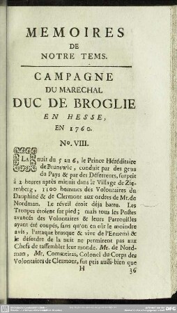 Campagne Du Marechal Duc De Broglie En Hesse. En 1760. No. VIII.