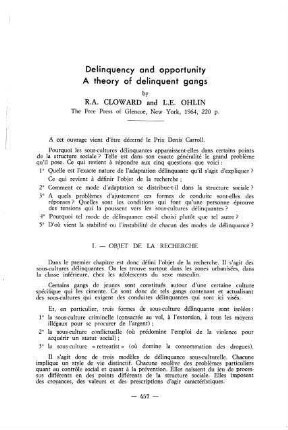 457-468, Delinquency and opportunity. A theory of delinquent gangs, by R. A. Cloward and L. E. Ohlin
