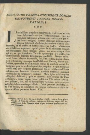 Nobilissimo Praestantissimo Que Domino Respondenti Praeses Dissertationis
