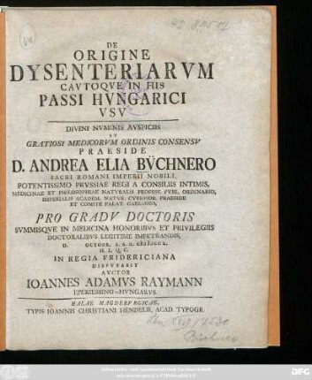 De Origine Dysenteriarvm Cavtoqve In His Passi Hvngarici Vsv