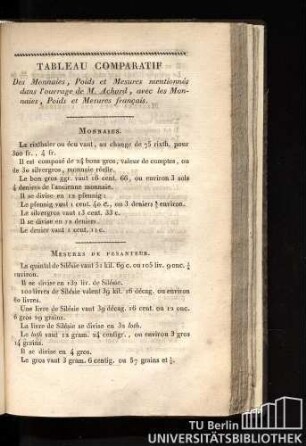 Tableau Comparatif des Monnaies, Poids et Mesures mentionnés dans l'ouvrage de M. Achard, avec les Monnaies, Poids et Mesures francais