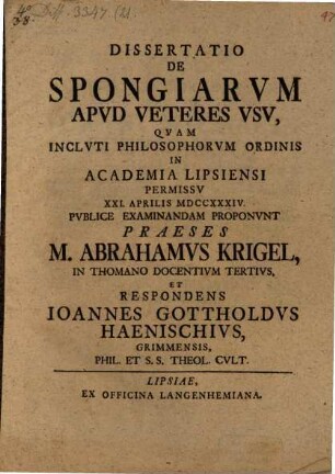 Dissertatio De Spongiarvm Apvd Veteres Vsv