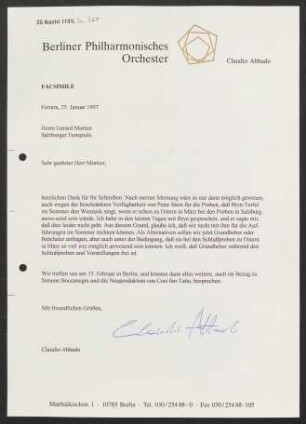 Brief an Gerard Mortier an Salzburger Festspiele, 25.01.1997