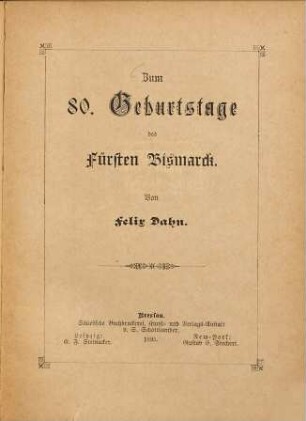 Zum 80. Geburtstage des Fürsten Bismarck