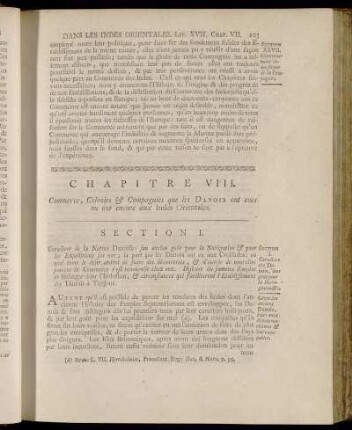 Chapitre VIII. Commerce, Colonies & Compagnies que les Danois ont eues ou ont encore aux Indes Orientales.
