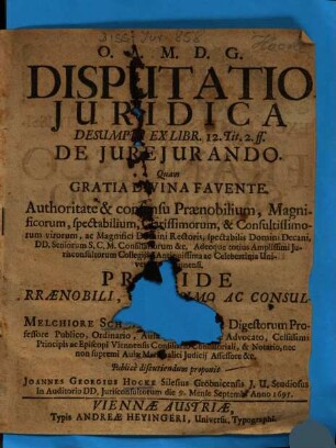 Disputatio Juridica Desumpta Ex Libr. 12. Tit. 2. ff. De Jure Jurando
