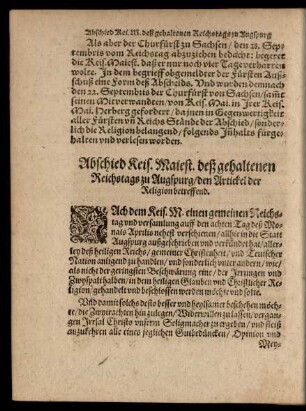 Abschied Kais. Maiest. deß gehaltenen Reichstags zu Augspurg/ den Artickel der Religion betreffend.